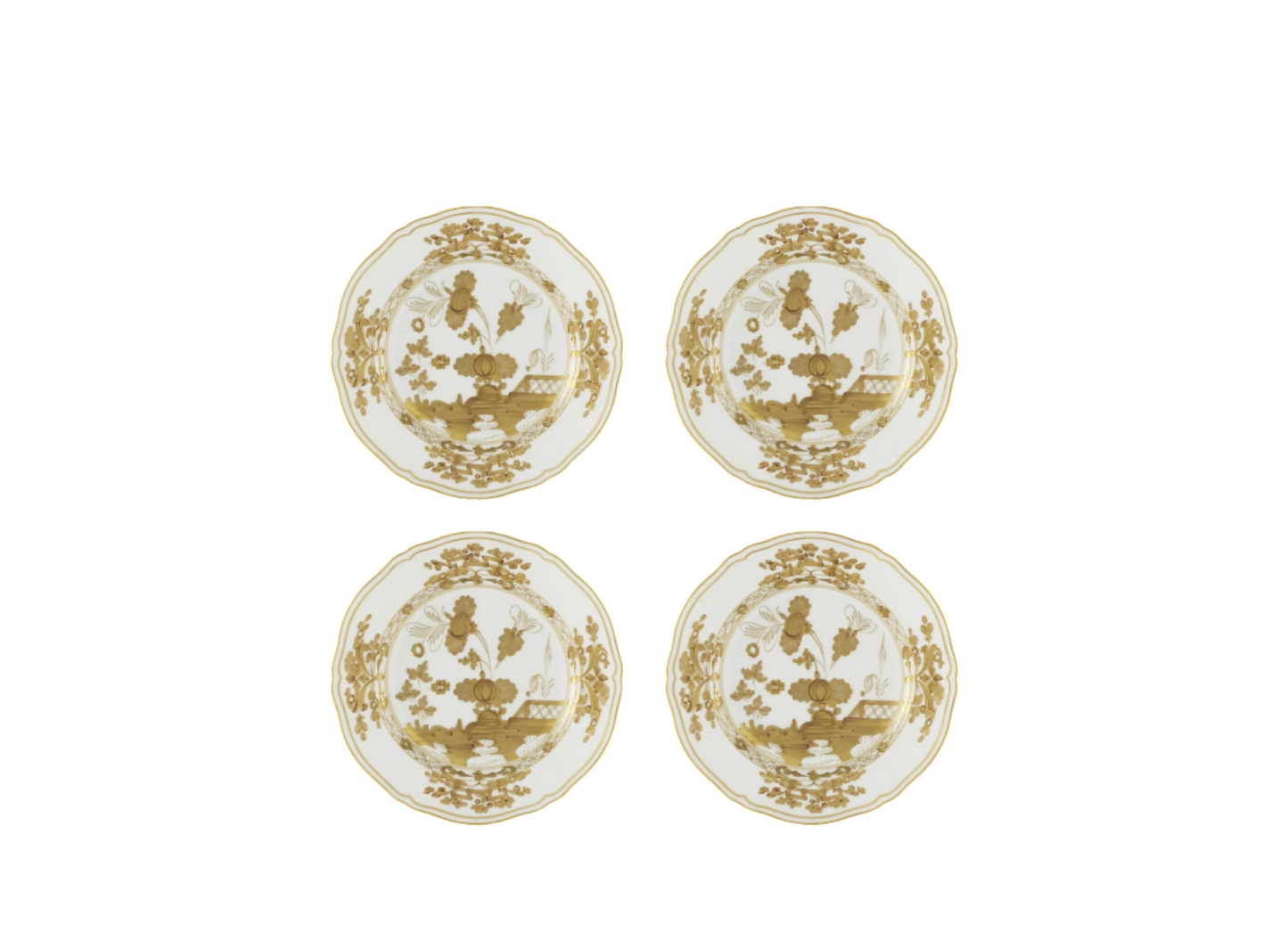 Set of four Aurum dessert plates from the Oriente Italiano Gold Collection, crafted from fine white porcelain with a hand-painted pure gold floral motif, featuring the classic Antico Doccia shape