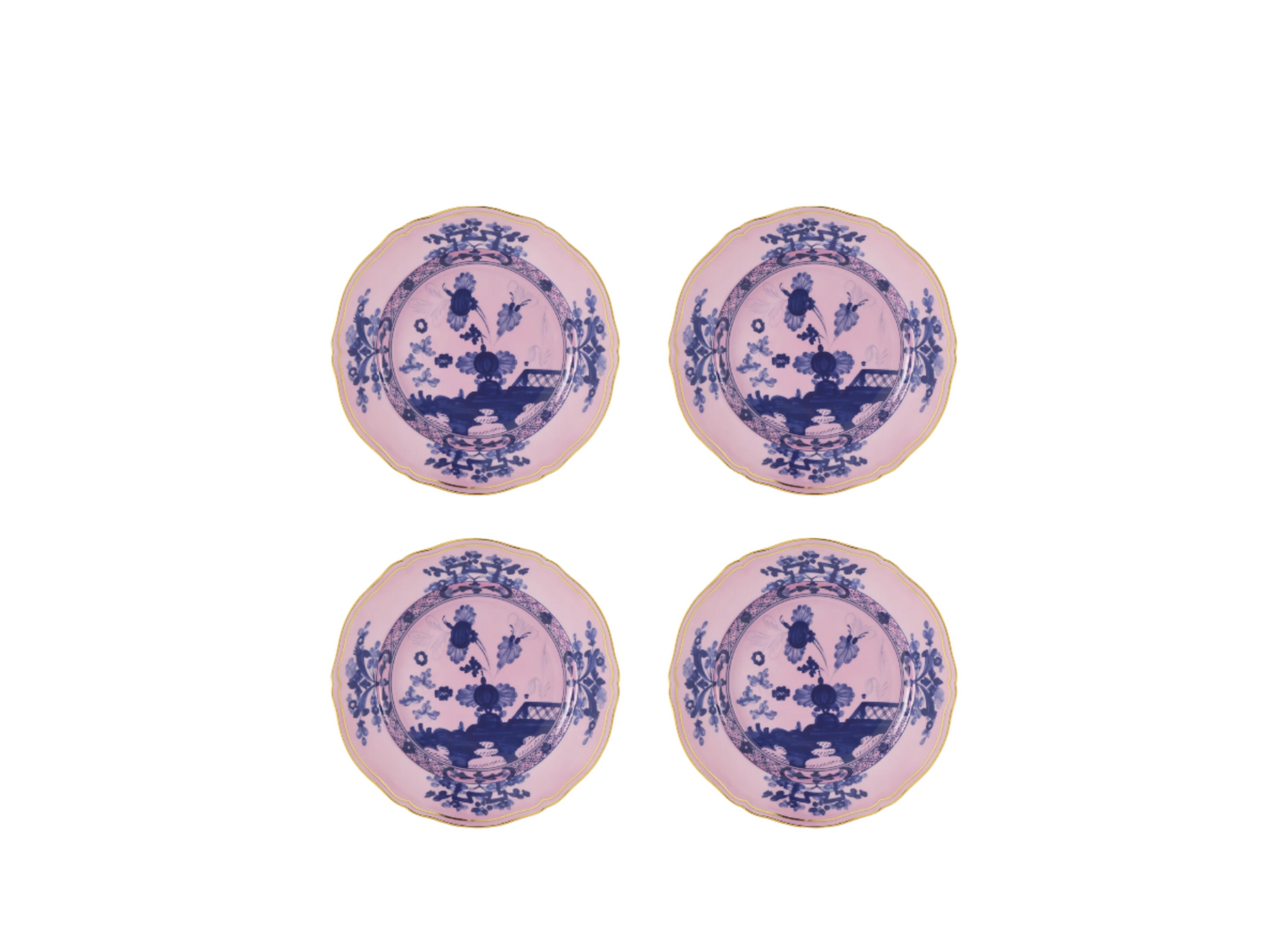 Set of four Azalea dessert plates from the Oriente Italiano collection, made of porcelain with gold threading. The plates feature a blue carnation motif against azalea pink, highlighted by hand-painted gold details on the classic Antico Doccia shape - set of four