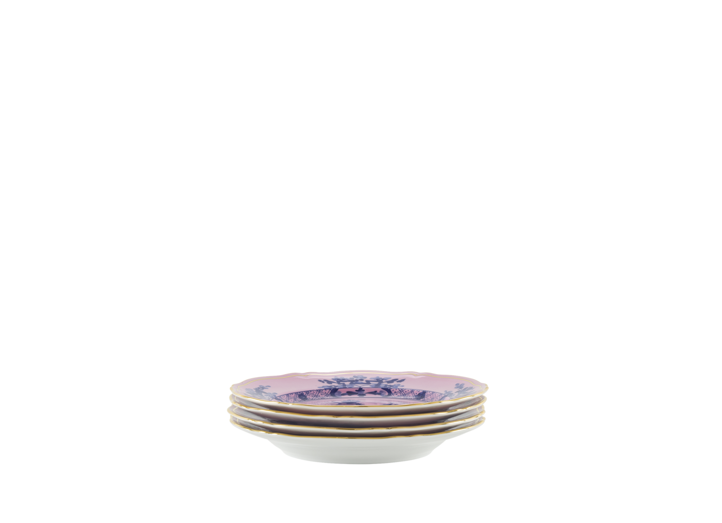 Set of four Azalea dessert plates from the Oriente Italiano collection, made of porcelain with gold threading. The plates feature a blue carnation motif against azalea pink, highlighted by hand-painted gold details on the classic Antico Doccia shape - side detail