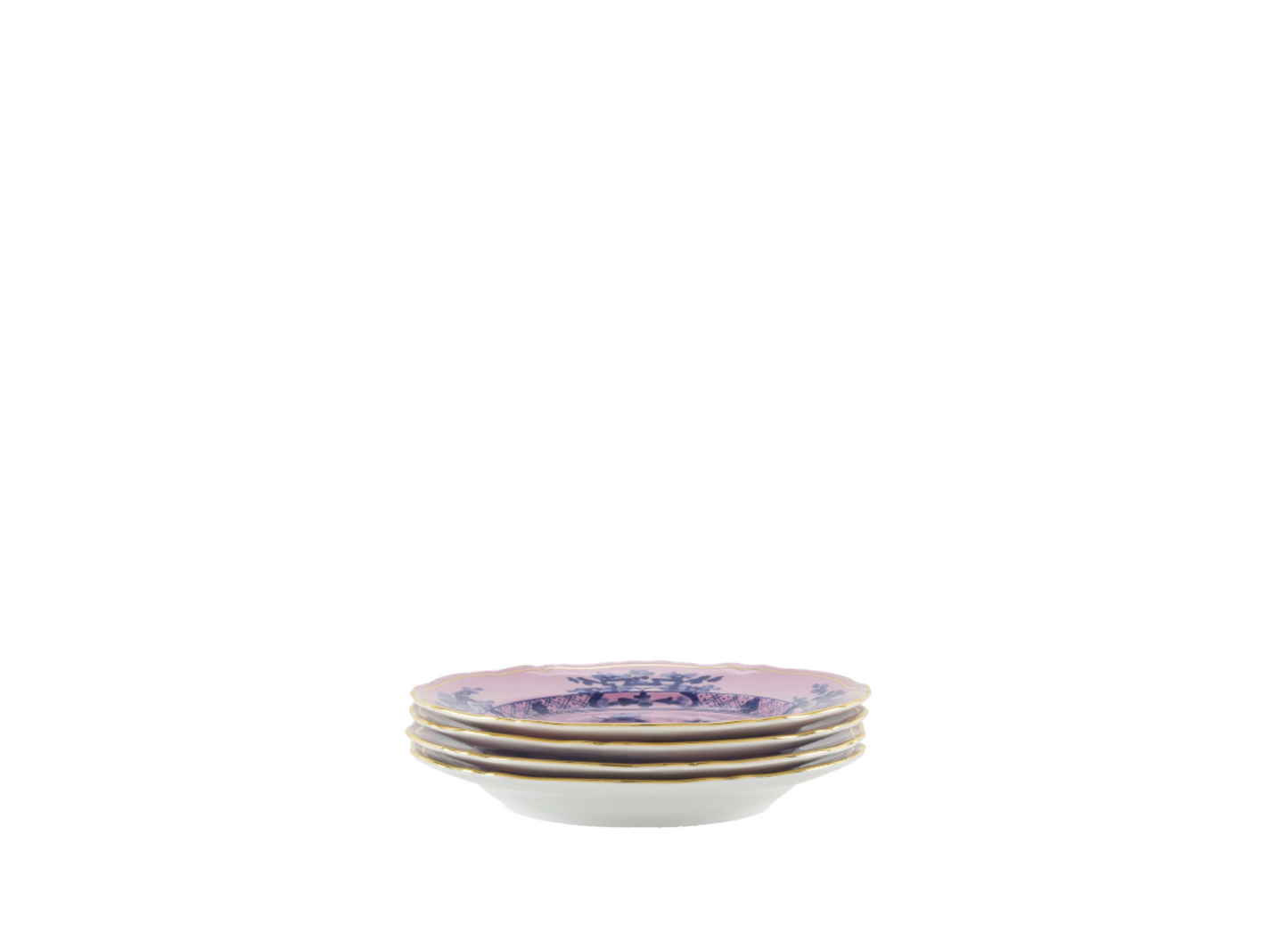 Set of four Azalea dessert plates from the Oriente Italiano collection, made of porcelain with gold threading. The plates feature a blue carnation motif against azalea pink, highlighted by hand-painted gold details on the classic Antico Doccia shape - side detail