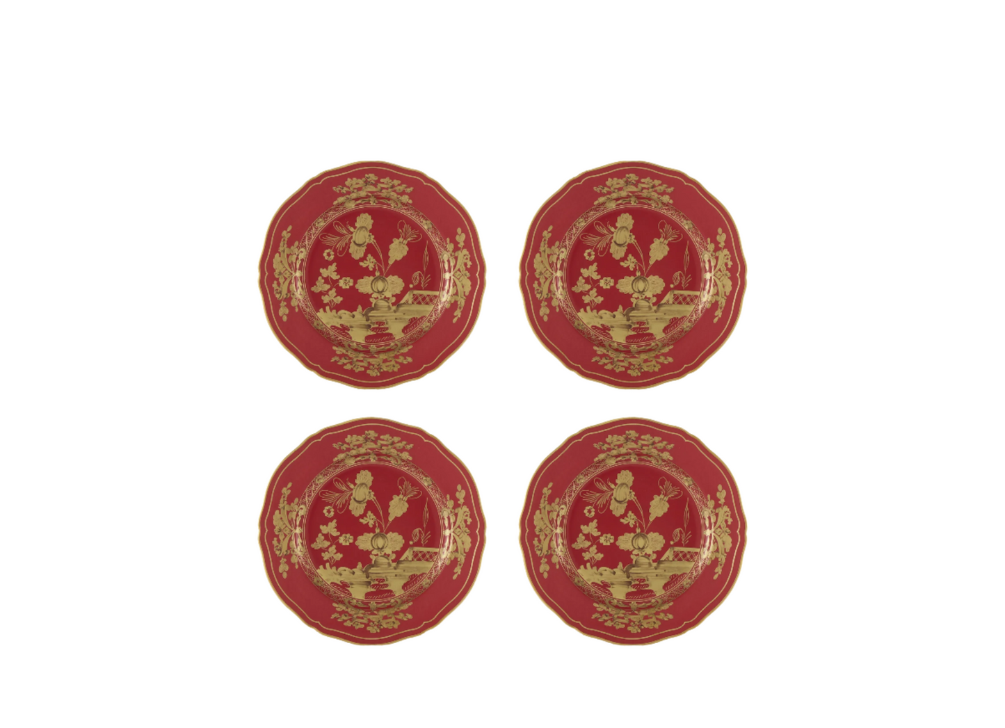Set of four Rubrum dessert plates from the Oriente Italiano Gold Collection, featuring fine porcelain with pure gold accents and intense red decoration on the classic Antico Doccia shape