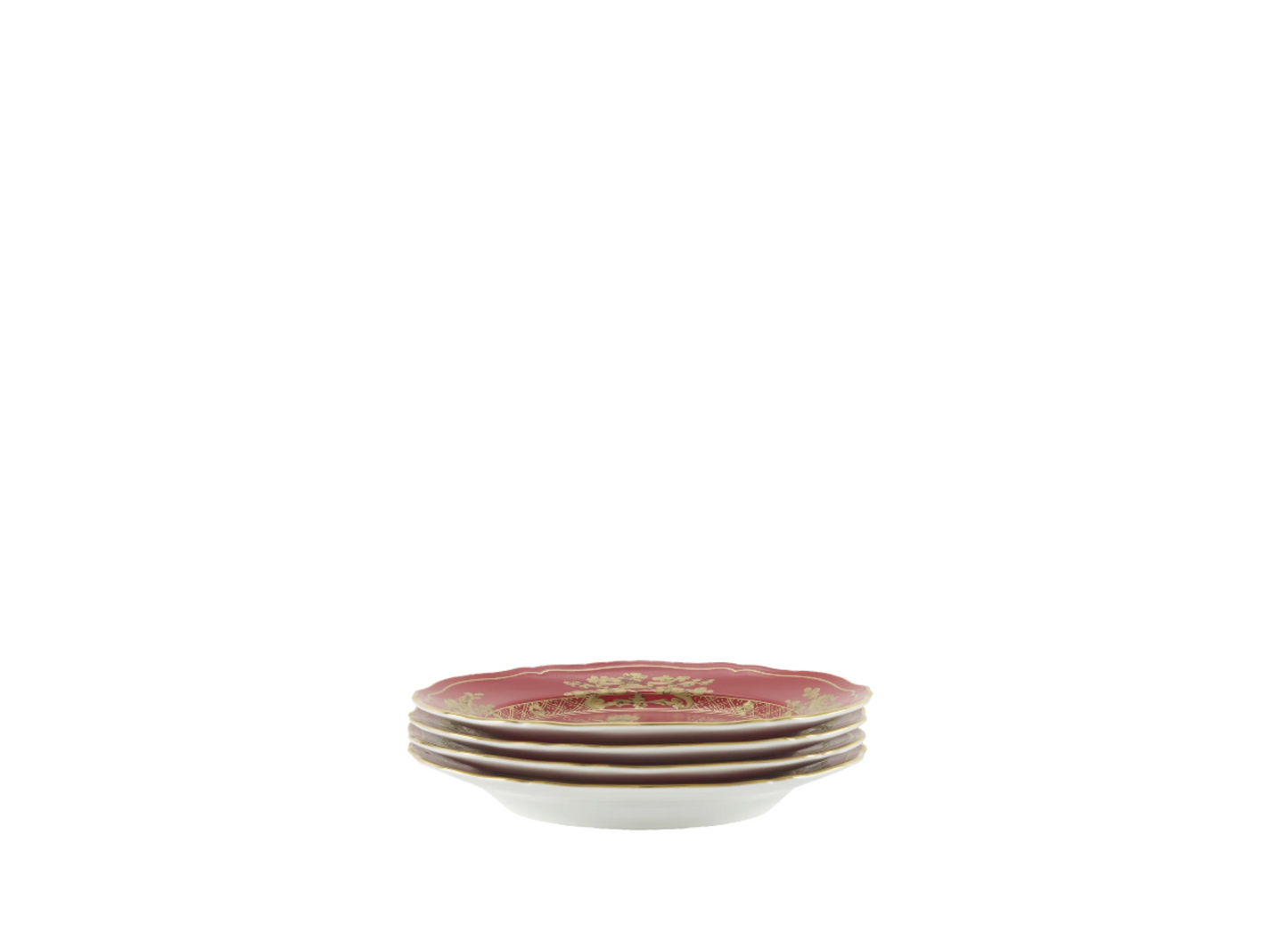 Set of four Rubrum dessert plates from the Oriente Italiano Gold Collection, featuring fine porcelain with pure gold accents and intense red decoration on the classic Antico Doccia shape stacked view