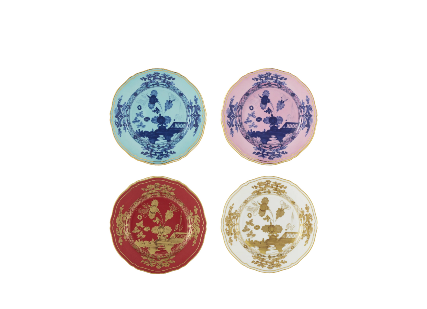 Set of four porcelain dessert plates from the Oriente Italiano collection, featuring gold threading and the Iris, Azalea, Rubrum, and Aurum designs. The plates showcase a signature carnation motif in contrasting tones with delicate hand-painted gold details