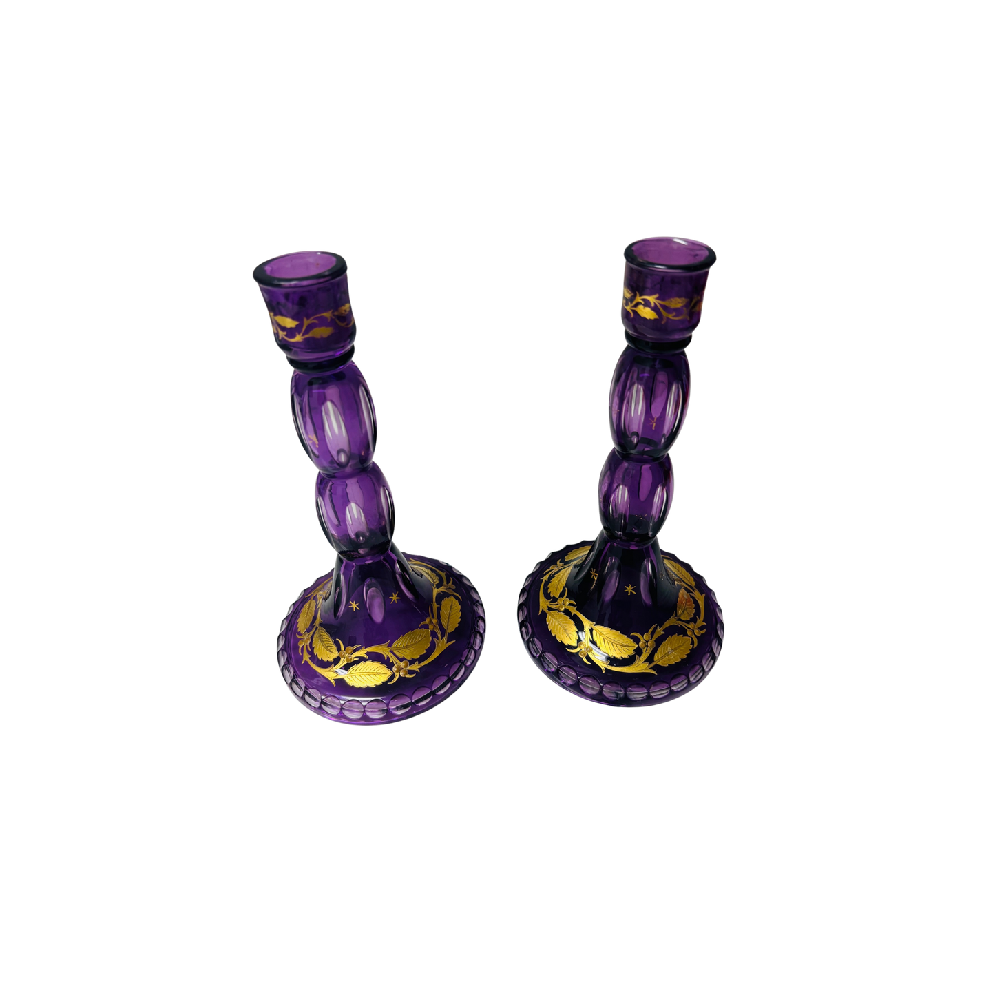 Antique Amethyst Candlesticks with Gold Accents - Set of 2