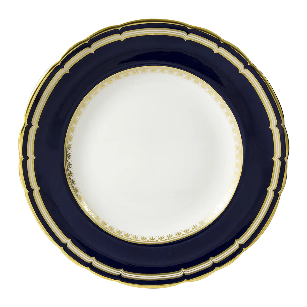 Ashbourne Salad Plate, made in England from fine bone china with 22-carat gold accents. Elegant and refined, perfect for special occasions. Diameter: 21cm (8 inches). Handwash recommended, not suitable for microwave use