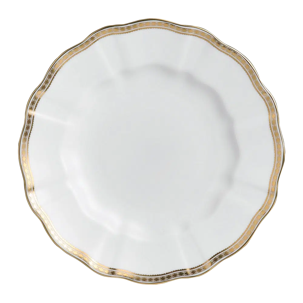 Carlt Gold Dinner Plate is made in England from fine bone china with 22-carat gold accents. Elegant and refined, perfect for special occasions. Diameter: 27cm | 11 Inches. Handwash recommended, not suitable for microwave use.