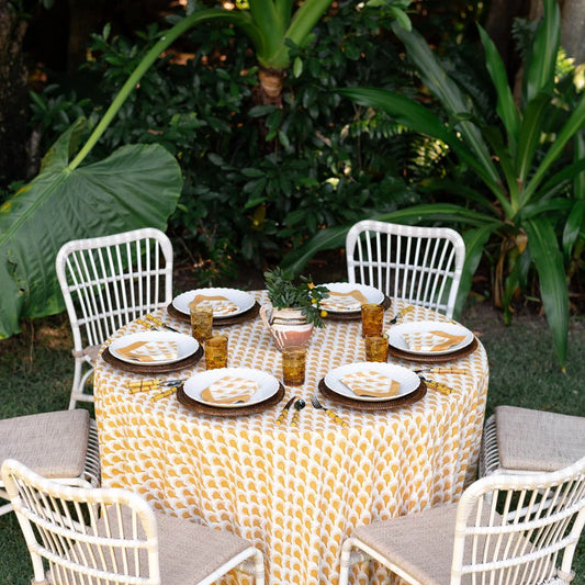 Geo Feather Ochre Round Tablecloth