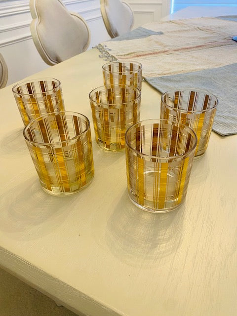 Gold Stripe Double Old Fashioned Glasses – Set of 6 (Circa 1960s)