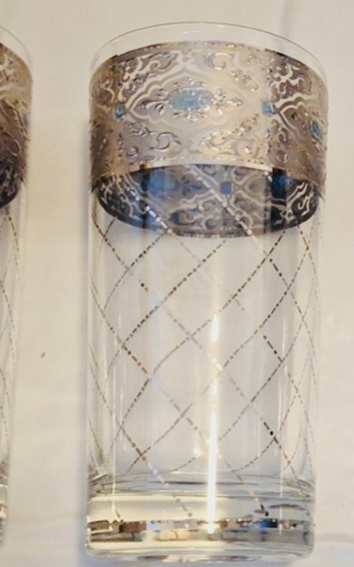 Silver Collar Highball Glasses with Turquoise Jewel Detail – Set of 8 (Vintage)