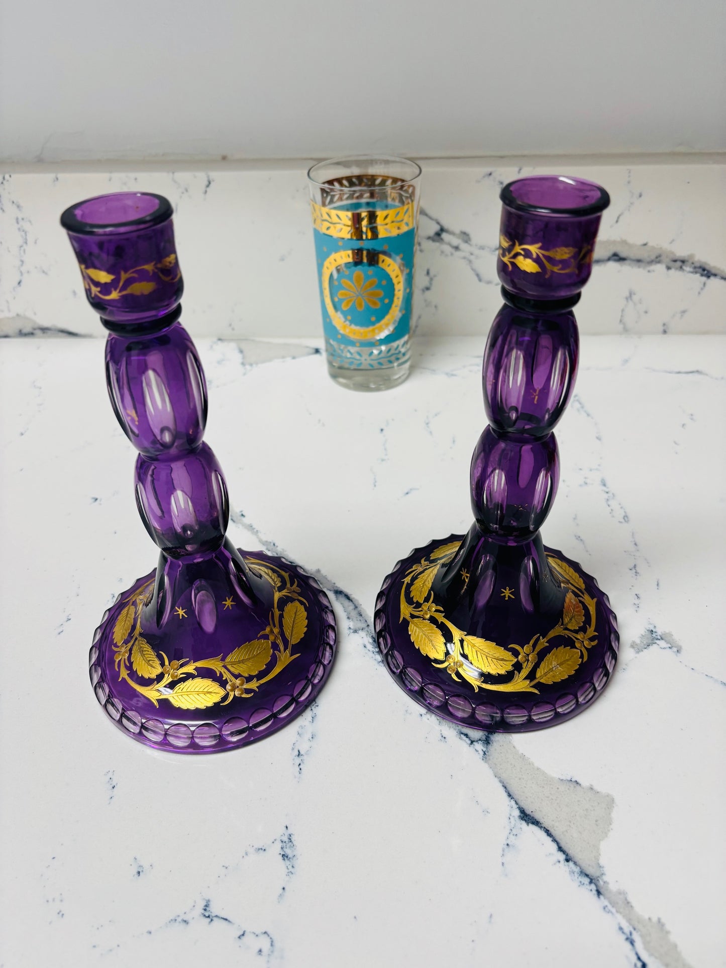 Antique Amethyst Candlesticks with Gold Accents - Set of 2