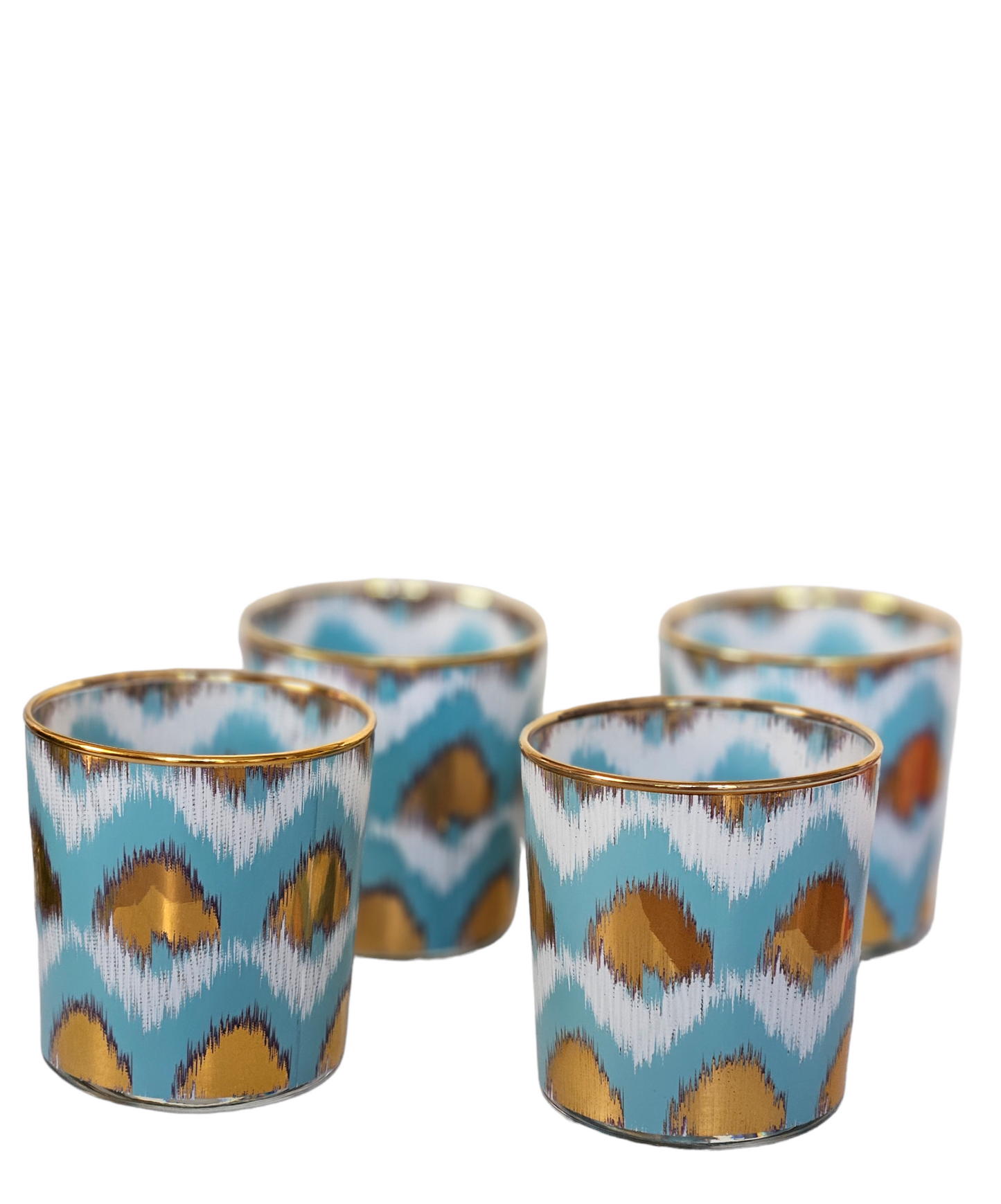 Ikat Decorative Glasses in Light Blue and Gold - Set of 4