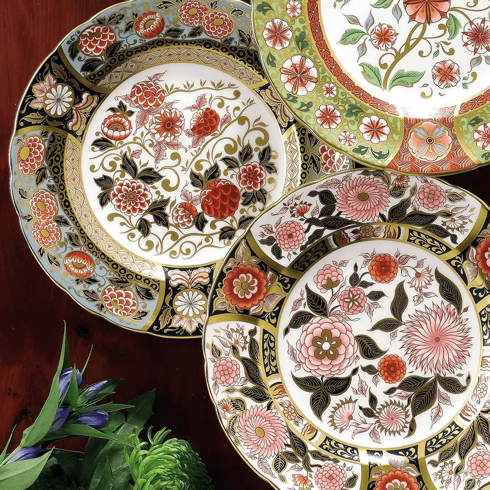 Imari Accent Pink Bouquet Plate, crafted from fine bone china and 22 carat gold accents. Luxurious and sophisticated, perfect for elegant dining. Dishwasher safe, not microwave safe. Made in England.