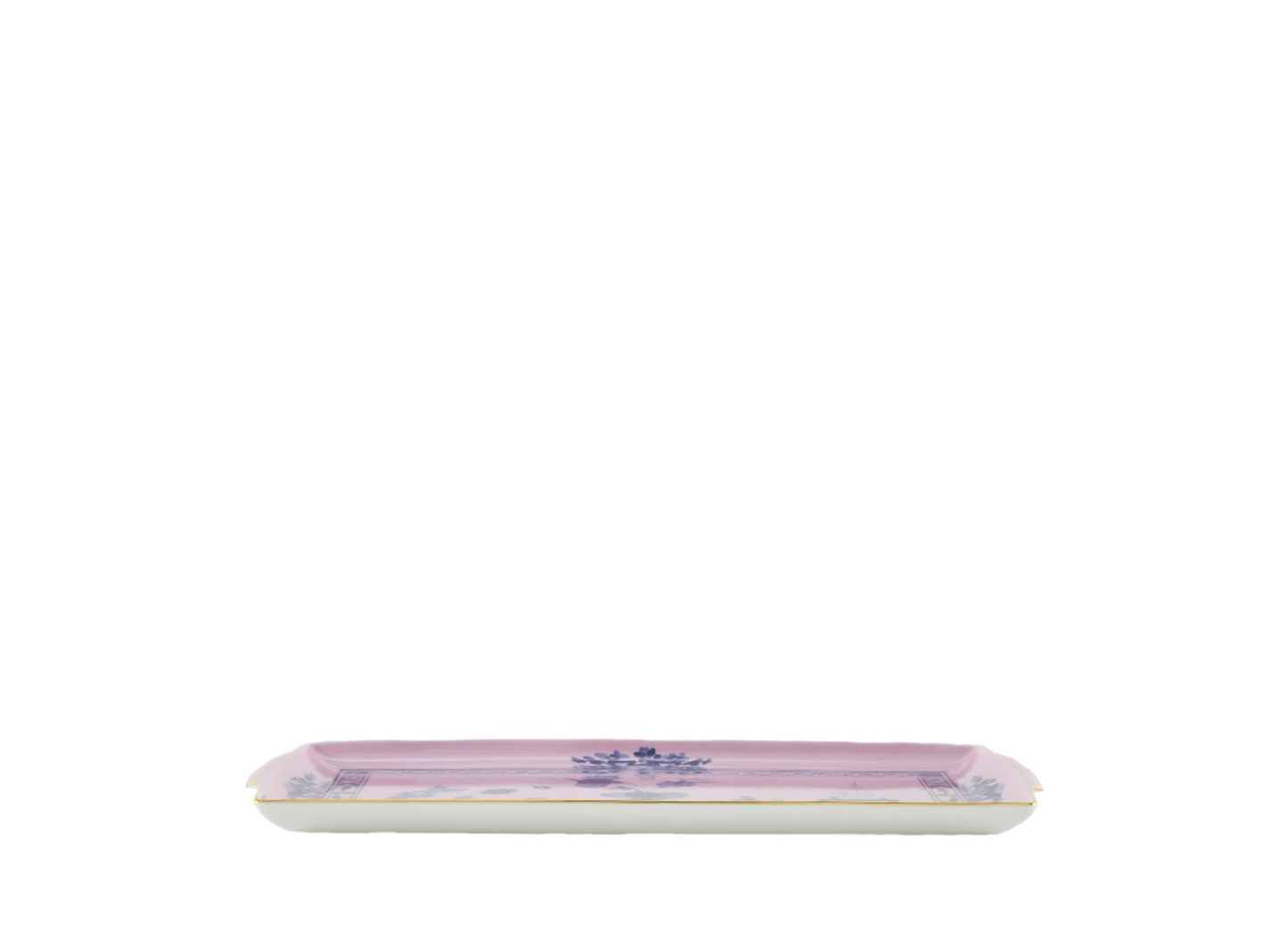 Azalea rectangular tray with handles in porcelain with threading in gold. Oriente Italiano collection. Side View.