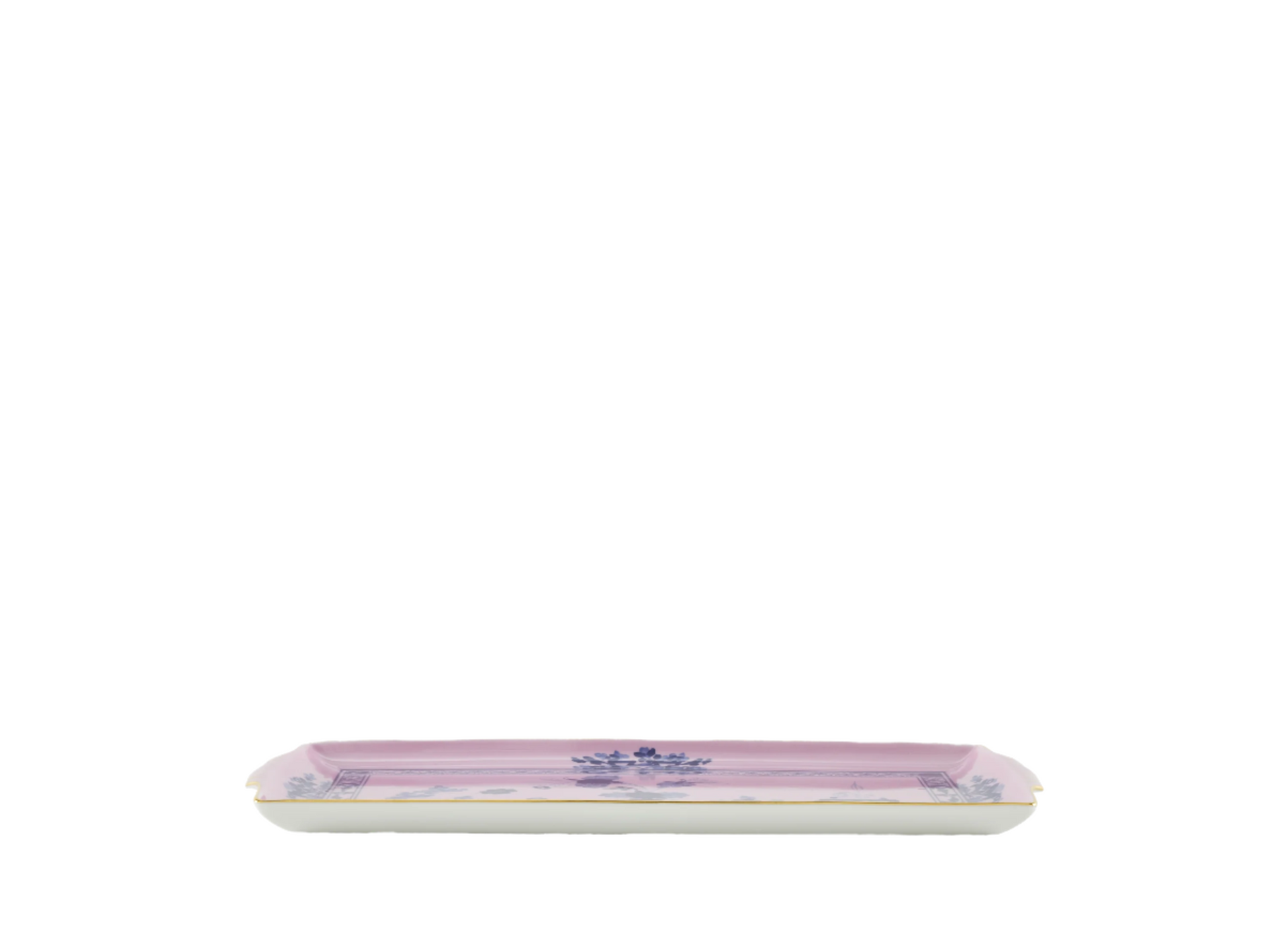 Azalea rectangular tray with handles in porcelain with threading in gold. Oriente Italiano collection. Side View.
