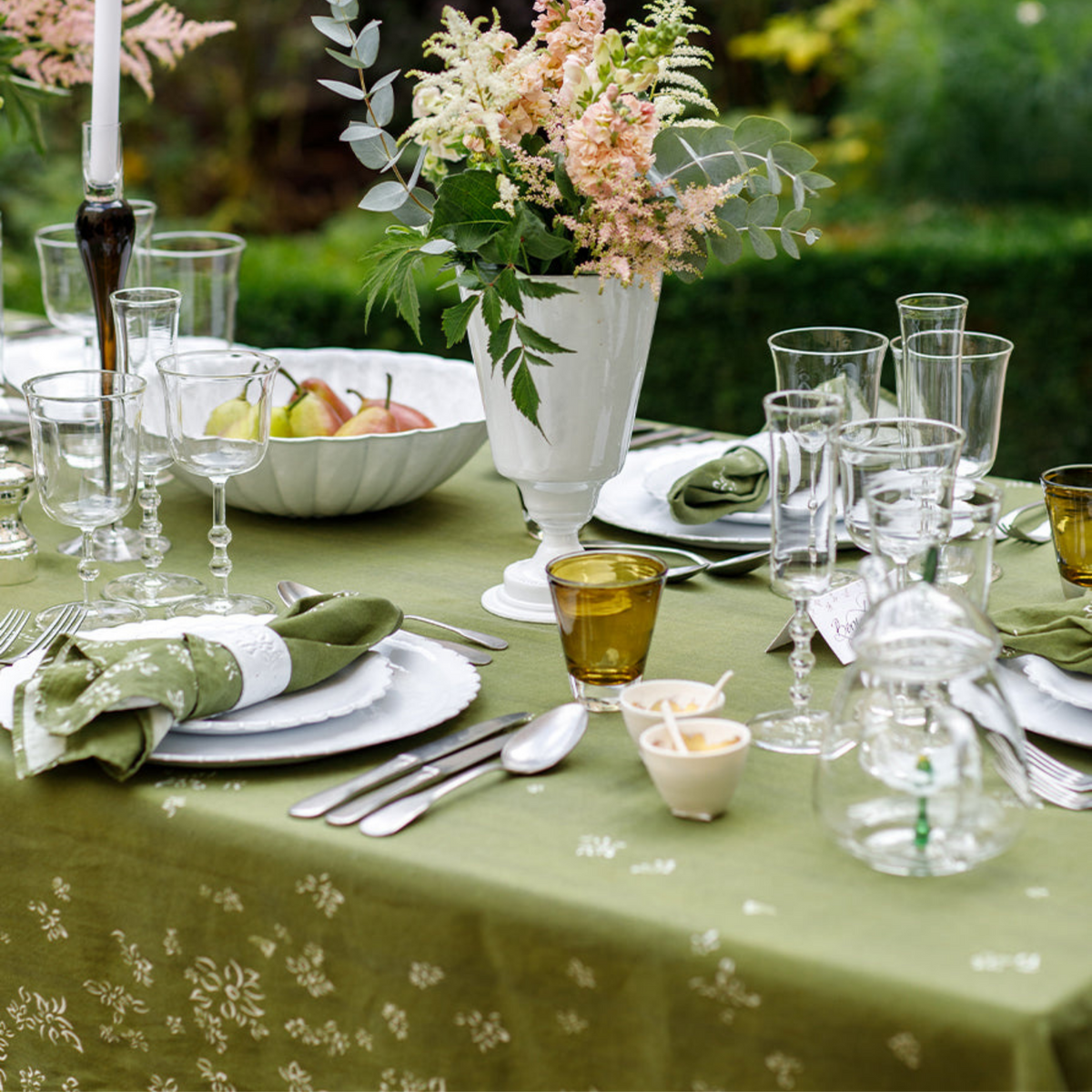 Falling Flower Linen Tablecloth - Avocado Green