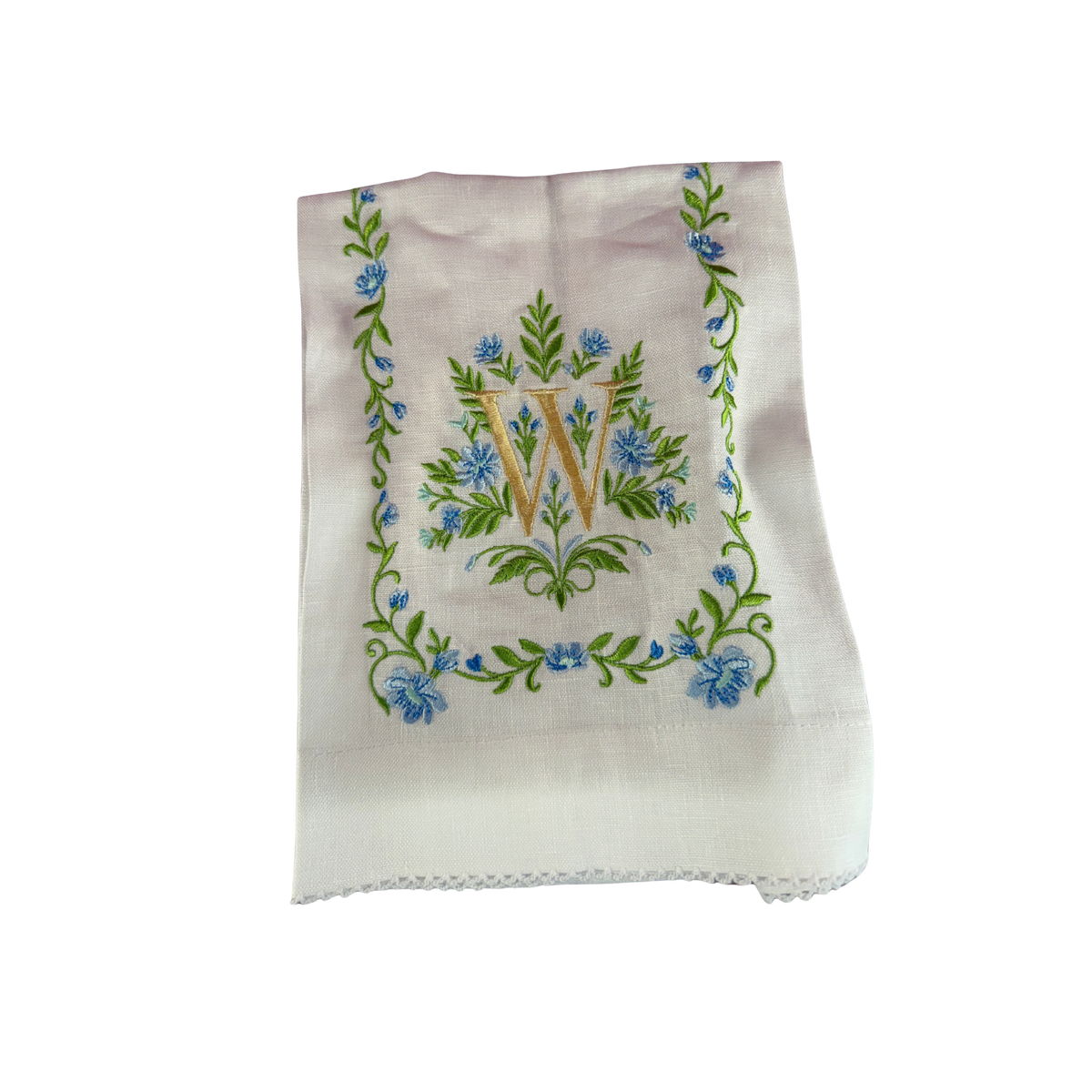 Floral Embroidered Monogram Linen Towel - Blue