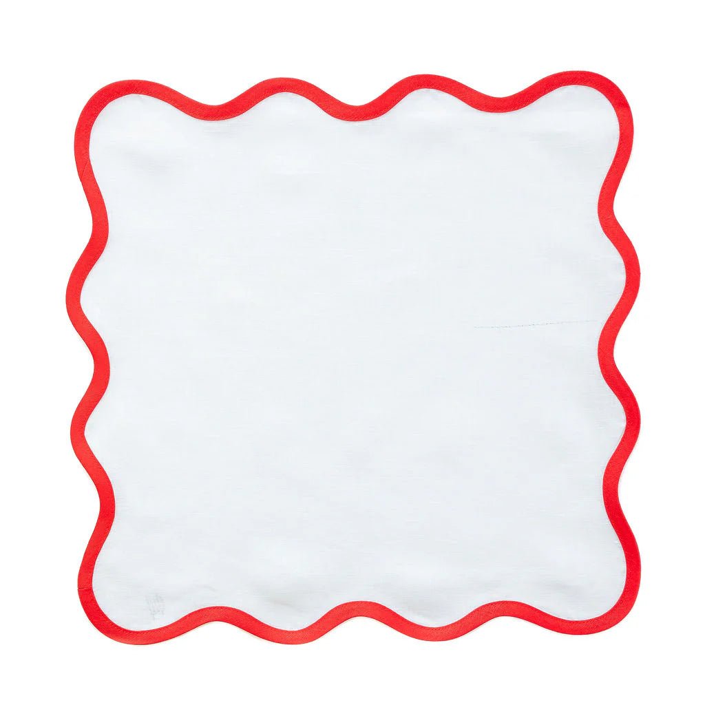 Scalloped Napkin in Lily White with Rosebud Red Trim Set of 4 - Hosted by Kelly Gaudreau