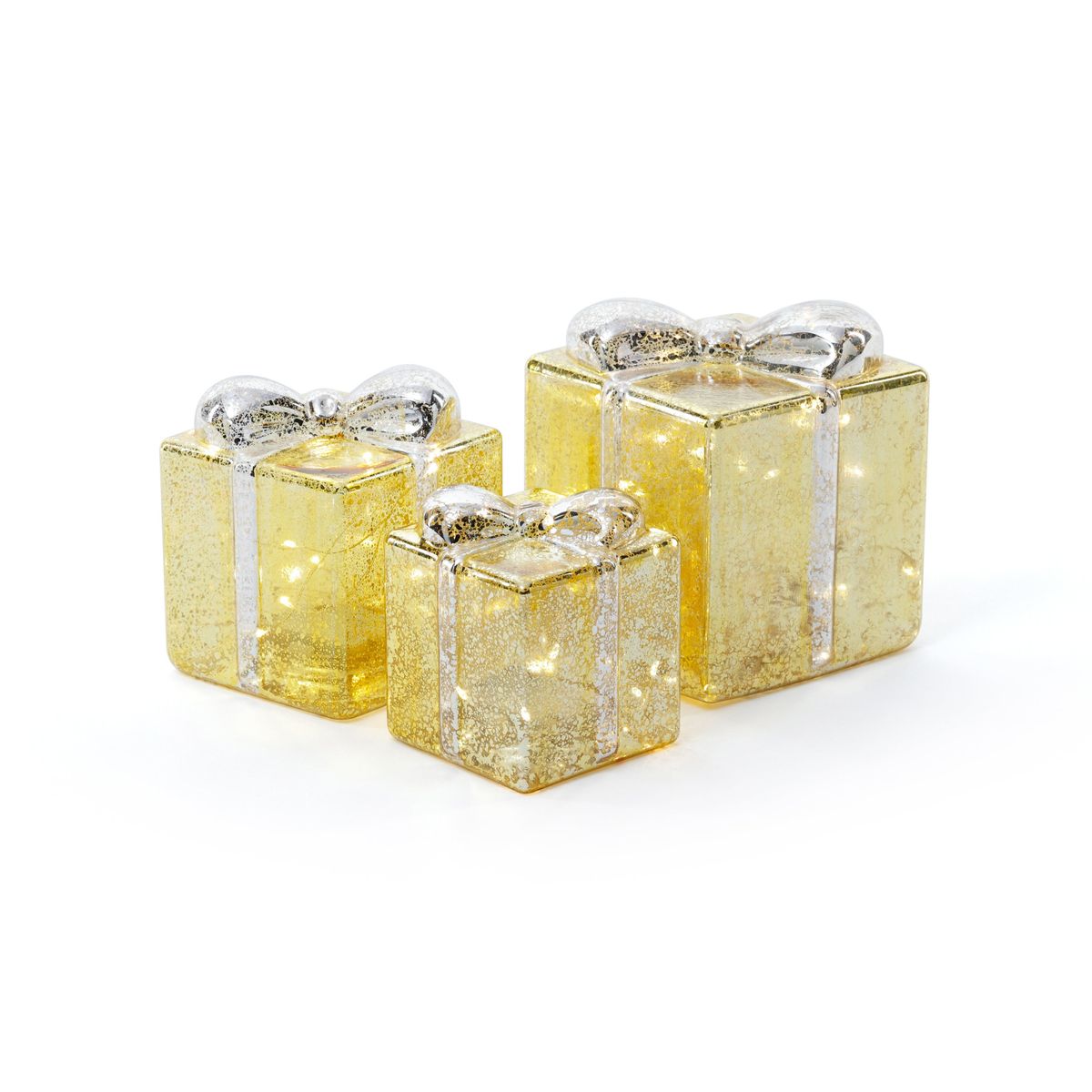 LED Glass Present - Gold with Silver Ribbon