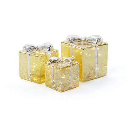 LED Glass Present - Gold with Silver Ribbon
