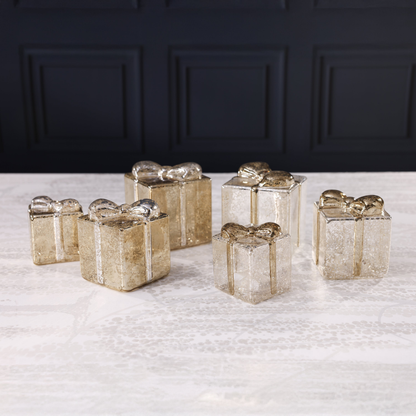 LED Glass Present - Gold with Silver Ribbon