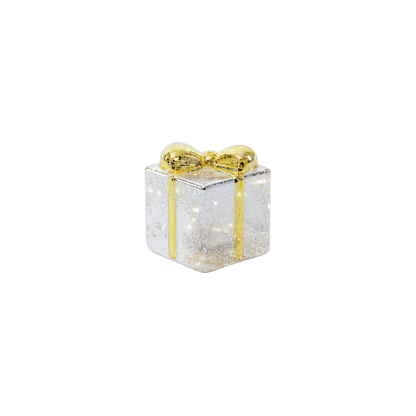 LED Glass Present - Silver with Gold Ribbon