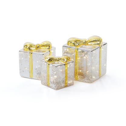 LED Glass Present - Silver with Gold Ribbon