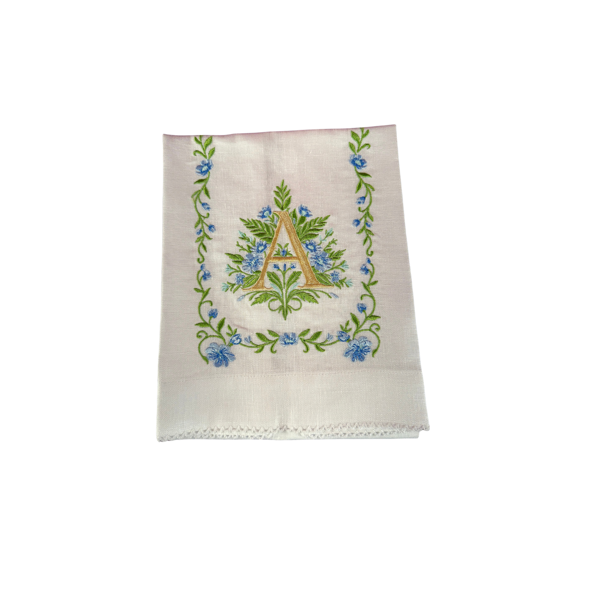 Floral Embroidered Monogram Linen Towel - Blue