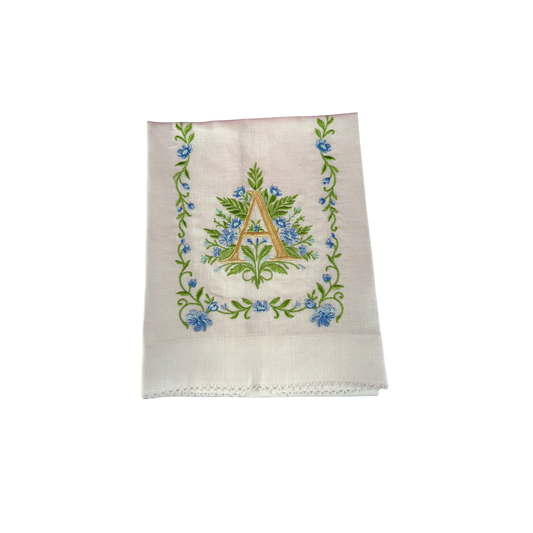 Floral Embroidered Monogram Linen Towel - Blue