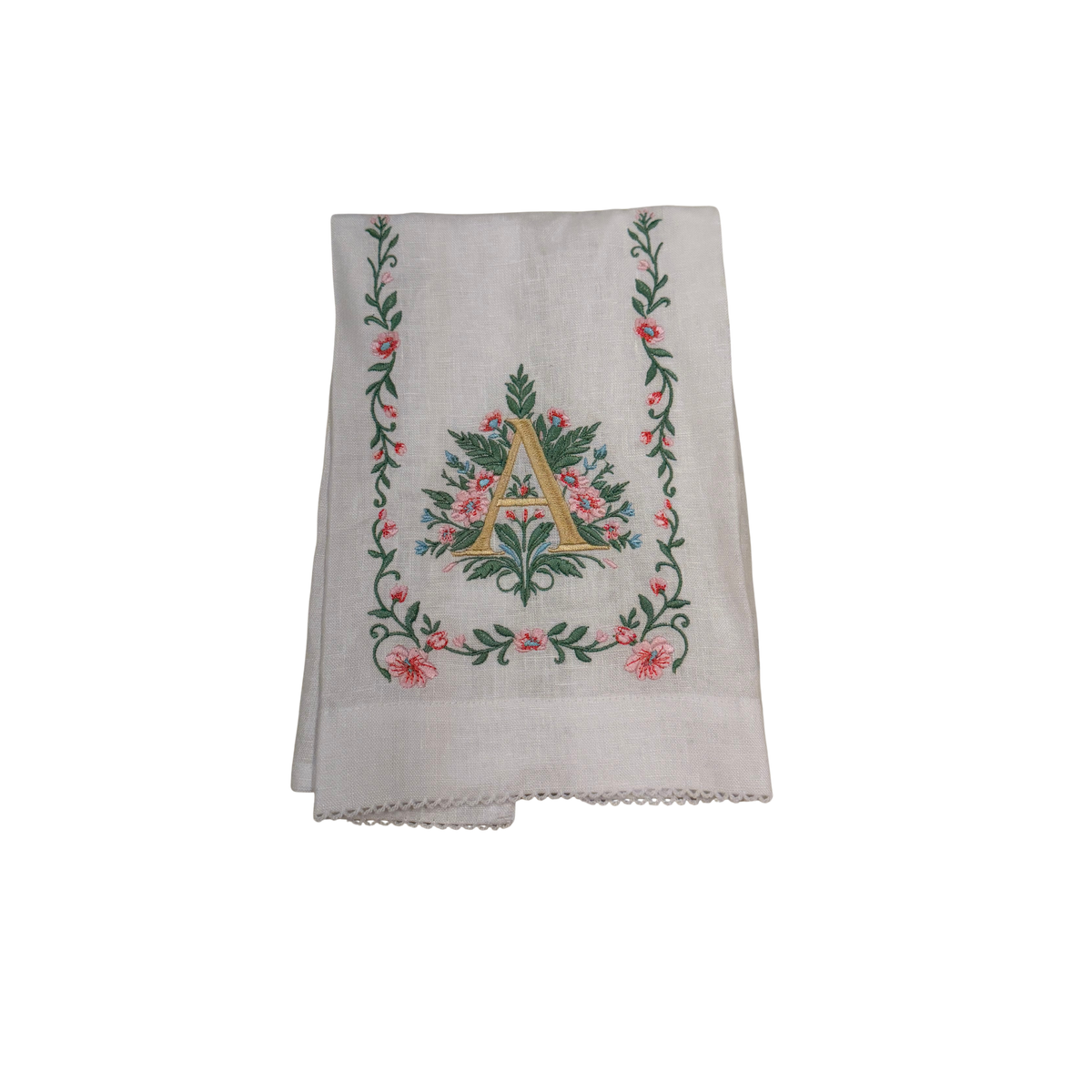 Floral Embroidered Monogram Linen Towel - Pink