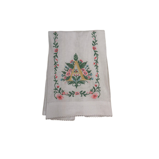 Floral Embroidered Monogram Linen Towel - Pink