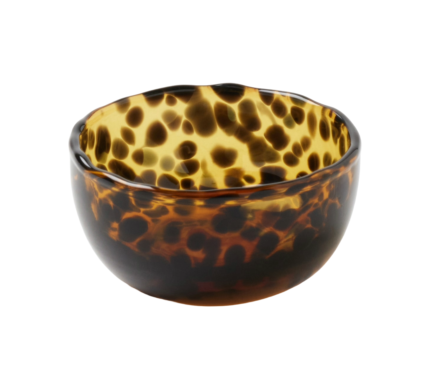 Set of six hand-blown Andrew Tortoise Mini Bowls featuring stylish speckles. Each bowl measures 2.5 inches in diameter and 1 inch in height, adding a unique touch to any dining table. Dishwasher safe with slight variations expected.