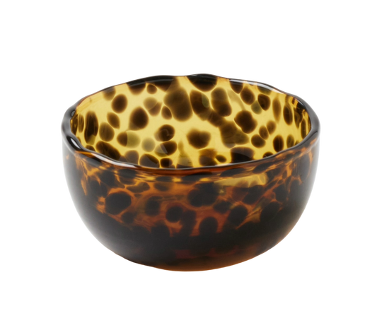 Set of six hand-blown Andrew Tortoise Mini Bowls featuring stylish speckles. Each bowl measures 2.5 inches in diameter and 1 inch in height, adding a unique touch to any dining table. Dishwasher safe with slight variations expected.