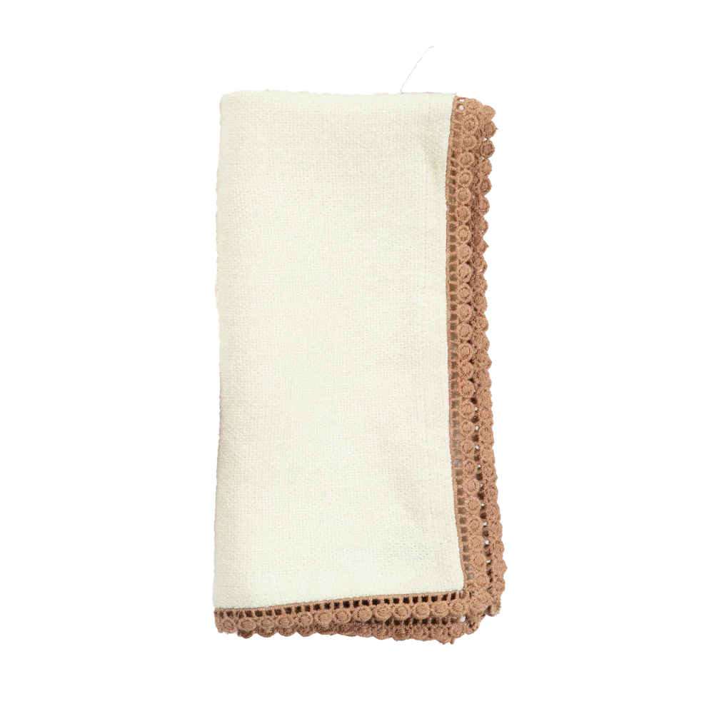 Anika Solid Table Napkin in Cream, made from garment-washed heavyweight linen with delicate lace detailing. Sold individually and easy to care for—machine washable and iron if needed. Perfect for enhancing your dining table.