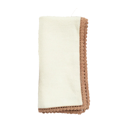 Anika Solid Table Napkin in Cream, made from garment-washed heavyweight linen with delicate lace detailing. Sold individually and easy to care for—machine washable and iron if needed. Perfect for enhancing your dining table.