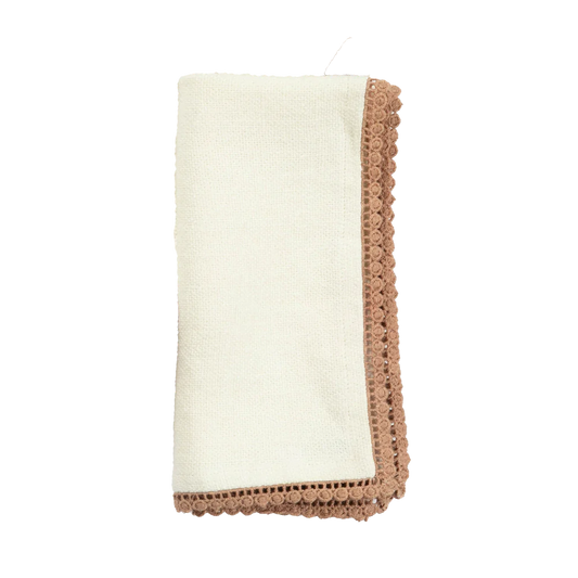 Anika Solid Table Napkin in Cream, made from garment-washed heavyweight linen with delicate lace detailing. Sold individually and easy to care for—machine washable and iron if needed. Perfect for enhancing your dining table.