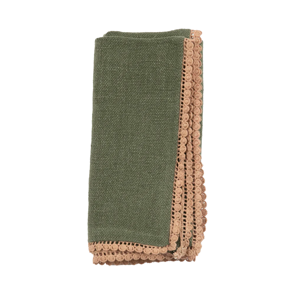 Anika Solid Table Napkin in Olive, made from garment-washed heavyweight linen with delicate lace detailing. Soft and easy to care for—machine washable and iron if needed. Perfect for enhancing your dining table.