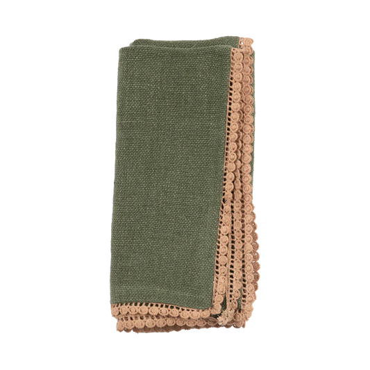 Anika Solid Table Napkin in Olive, made from garment-washed heavyweight linen with delicate lace detailing. Soft and easy to care for—machine washable and iron if needed. Perfect for enhancing your dining table.