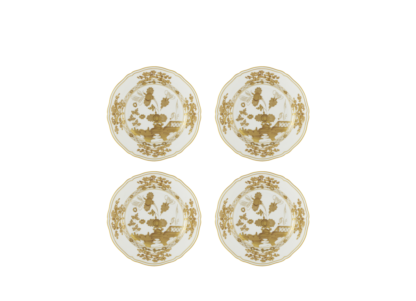 Set of four Aurum dessert plates from the Oriente Italiano Gold Collection, crafted from fine white porcelain with a hand-painted pure gold floral motif, featuring the classic Antico Doccia shape