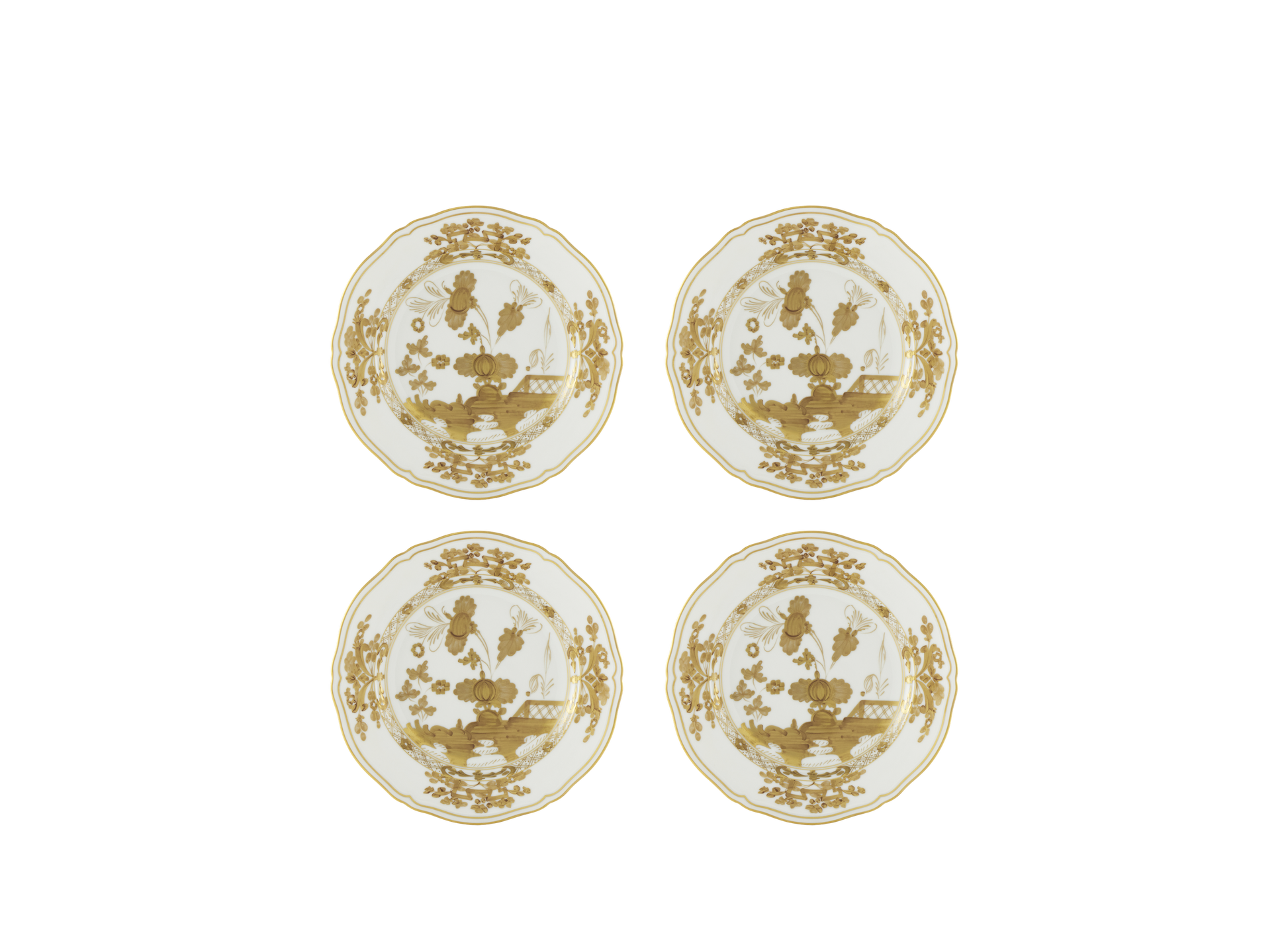 Set of four Aurum dessert plates from the Oriente Italiano Gold Collection, crafted from fine white porcelain with a hand-painted pure gold floral motif, featuring the classic Antico Doccia shape