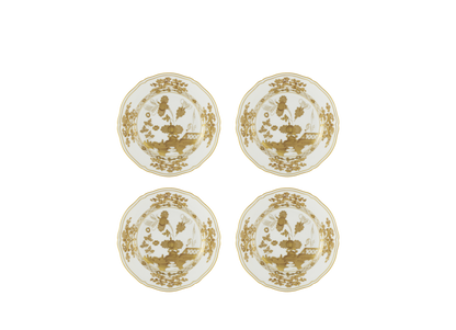 Set of four Aurum dessert plates from the Oriente Italiano Gold Collection, crafted from fine white porcelain with a hand-painted pure gold floral motif, featuring the classic Antico Doccia shape