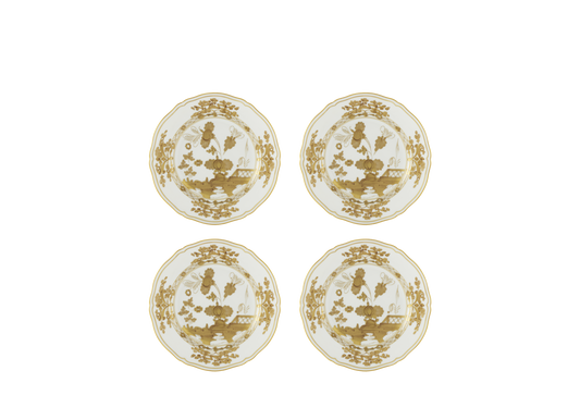 Set of four Aurum dessert plates from the Oriente Italiano Gold Collection, crafted from fine white porcelain with a hand-painted pure gold floral motif, featuring the classic Antico Doccia shape