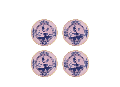 Set of four Azalea dessert plates from the Oriente Italiano collection, made of porcelain with gold threading. The plates feature a blue carnation motif against azalea pink, highlighted by hand-painted gold details on the classic Antico Doccia shape - set of four