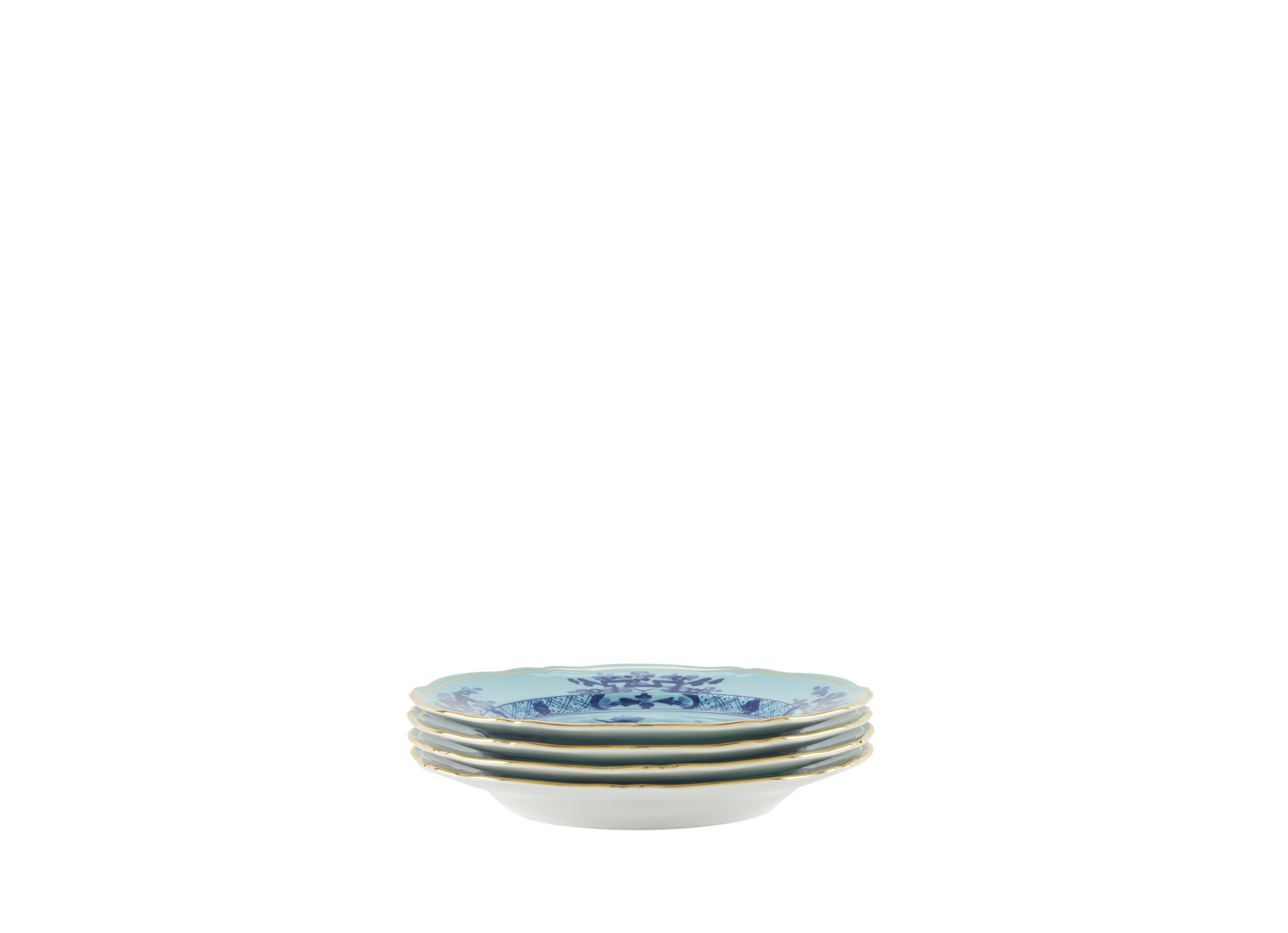 Set of four Iris dessert plates from the Oriente Italiano collection, featuring blue carnation motifs on iris blue porcelain with gold threading that outlines the Antico Doccia shape side view stack of four