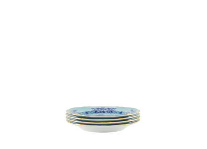 Set of four Iris dessert plates from the Oriente Italiano collection, featuring blue carnation motifs on iris blue porcelain with gold threading that outlines the Antico Doccia shape side view stack of four