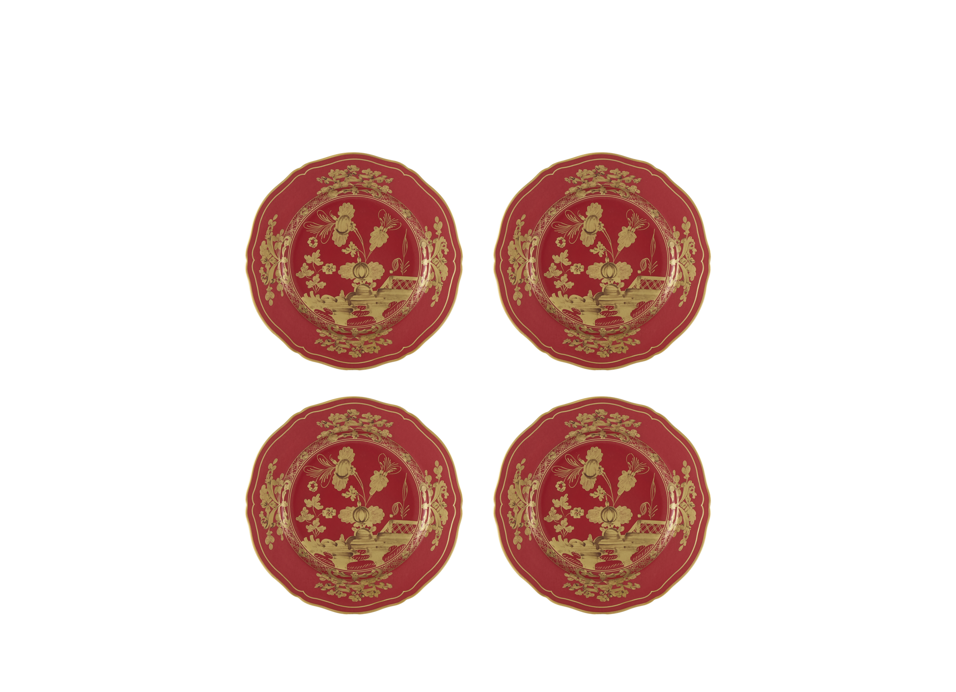 Set of four Rubrum dessert plates from the Oriente Italiano Gold Collection, featuring fine porcelain with pure gold accents and intense red decoration on the classic Antico Doccia shape