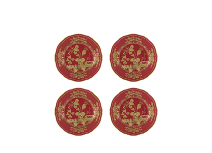 Set of four Rubrum dessert plates from the Oriente Italiano Gold Collection, featuring fine porcelain with pure gold accents and intense red decoration on the classic Antico Doccia shape