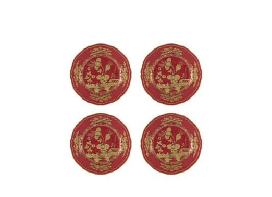 Set of four Rubrum dessert plates from the Oriente Italiano Gold Collection, featuring fine porcelain with pure gold accents and intense red decoration on the classic Antico Doccia shape