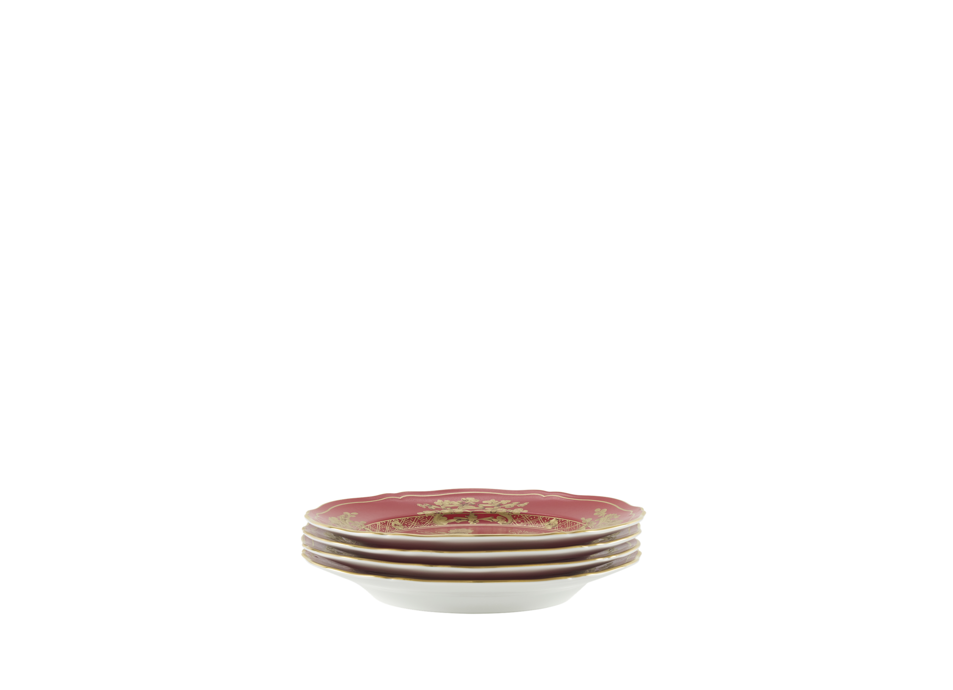 Set of four Rubrum dessert plates from the Oriente Italiano Gold Collection, featuring fine porcelain with pure gold accents and intense red decoration on the classic Antico Doccia shape stacked view