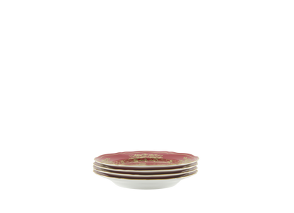 Set of four Rubrum dessert plates from the Oriente Italiano Gold Collection, featuring fine porcelain with pure gold accents and intense red decoration on the classic Antico Doccia shape stacked view