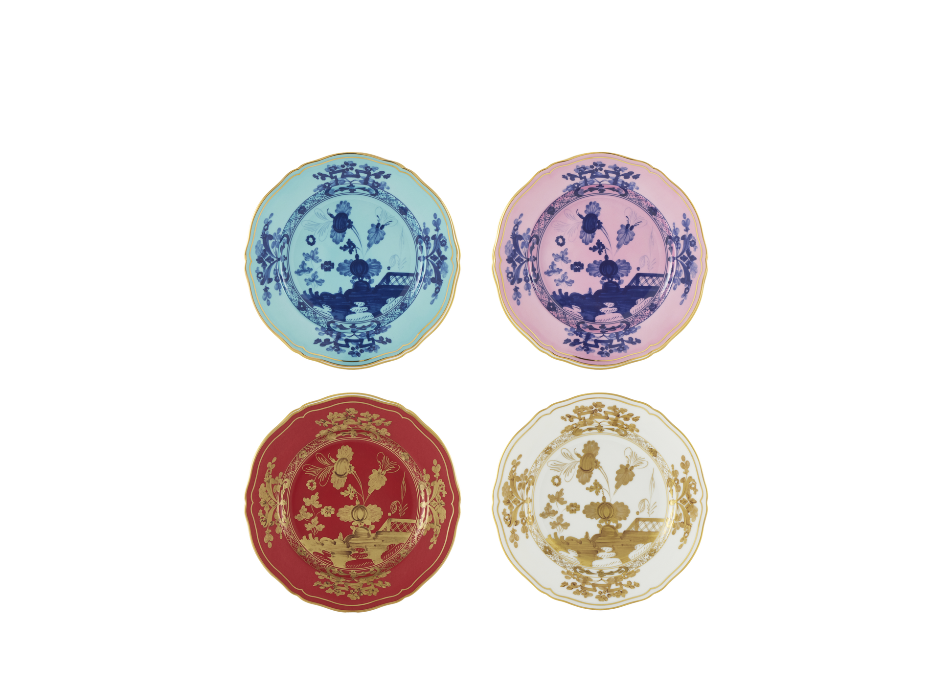 Set of four porcelain dessert plates from the Oriente Italiano collection, featuring gold threading and the Iris, Azalea, Rubrum, and Aurum designs. The plates showcase a signature carnation motif in contrasting tones with delicate hand-painted gold details